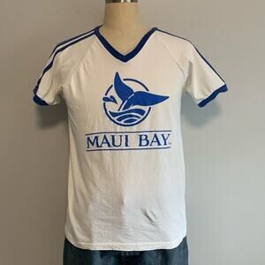 Vintage Maui Bay Capped Sleeve T-Shirt Blue White V-Neck 80s Whale Hawaii USA L